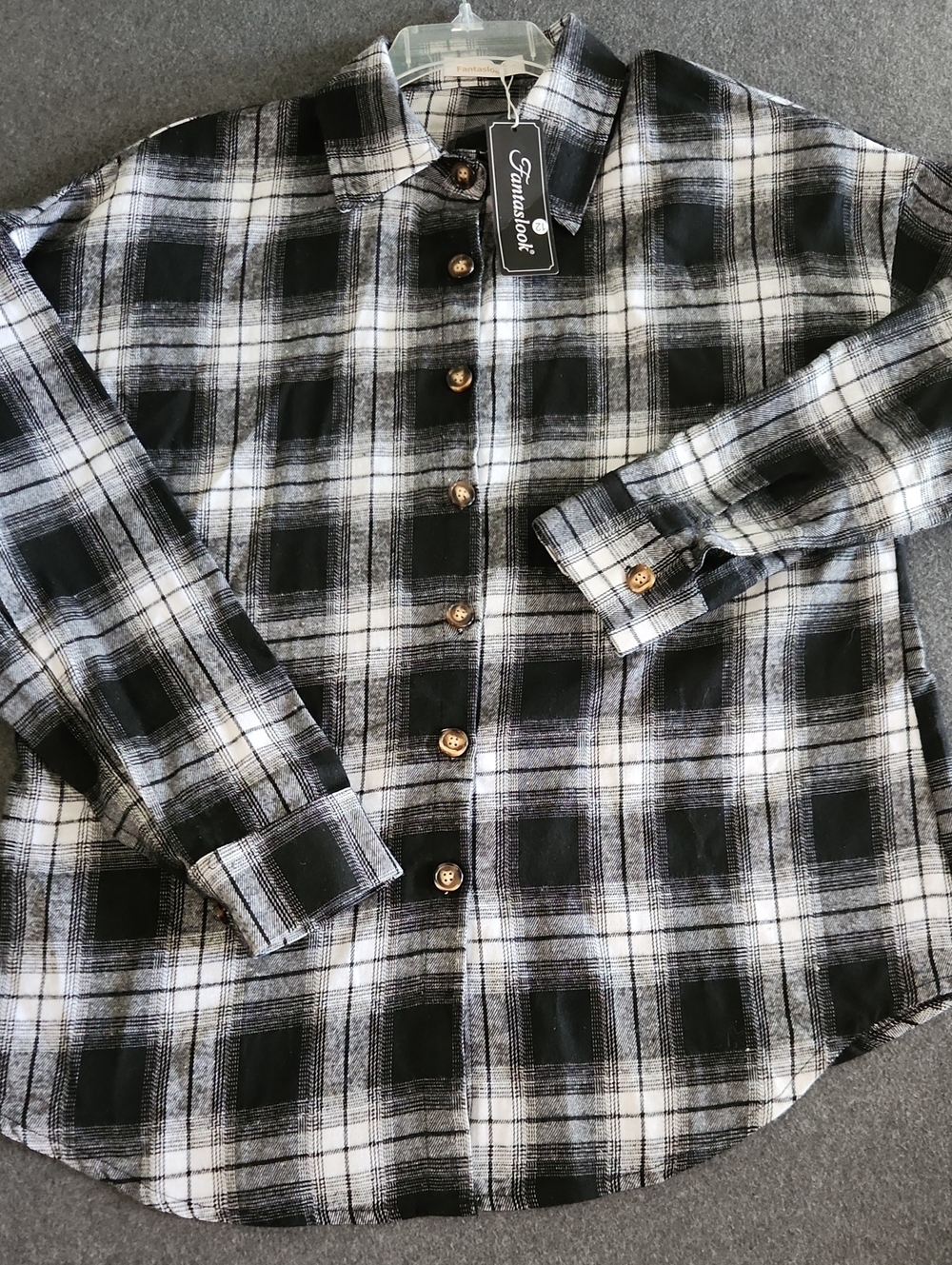 Fantaslook Womens Black & White Plaid Button Down Long SleeveShirt Sze Large NEW
